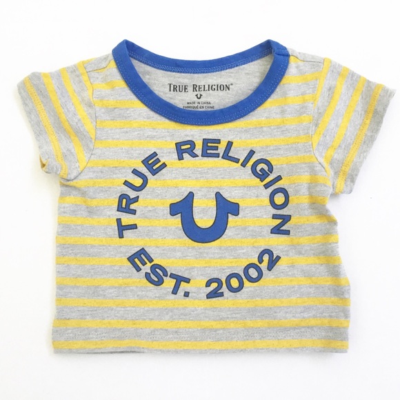 blue and yellow true religion shirt